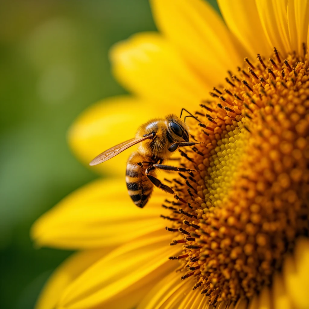 Macro honeybee on vibrant sunflower in summer sunlight