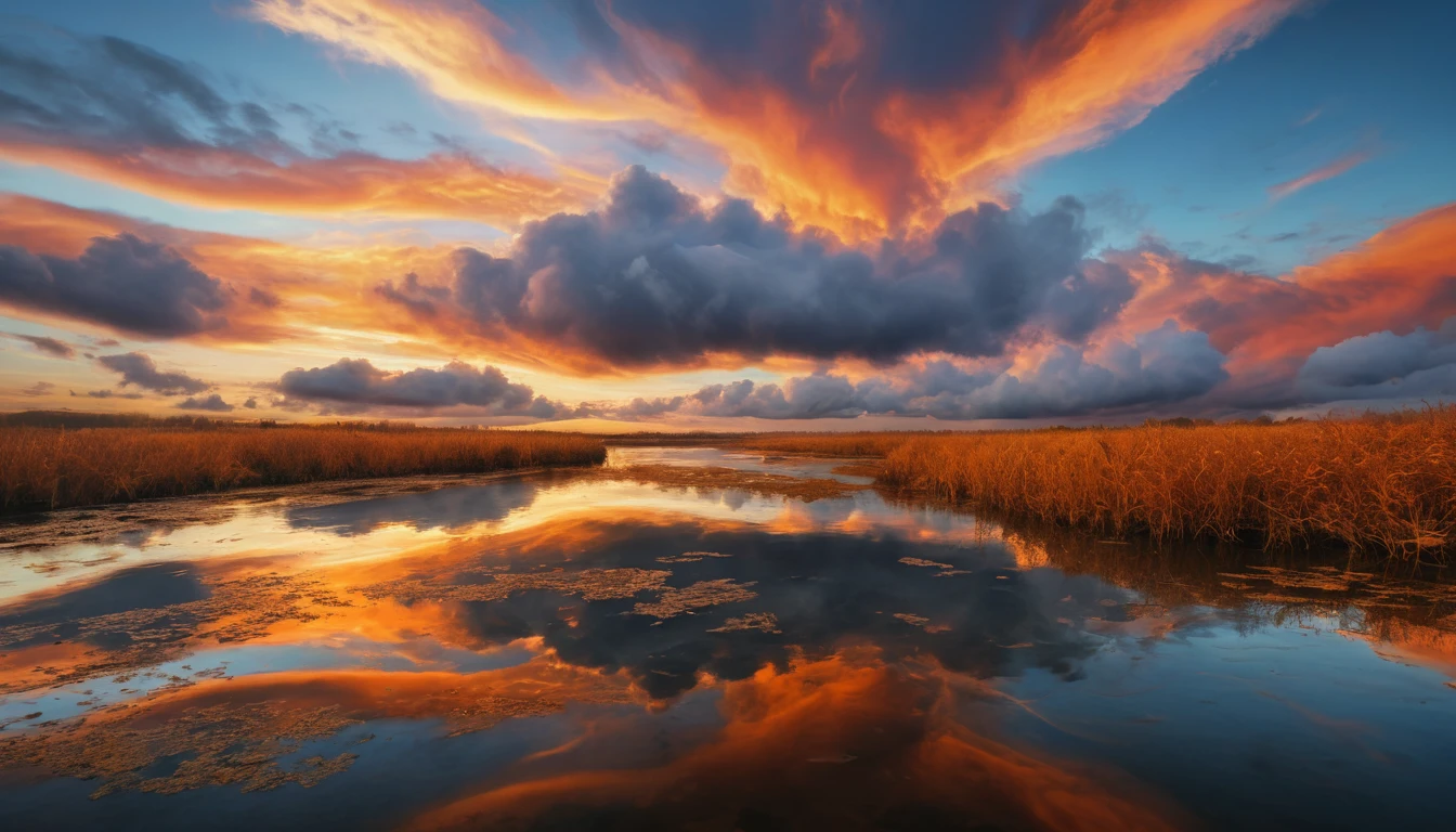 Soft sunset clouds above calm autumn colored waters
