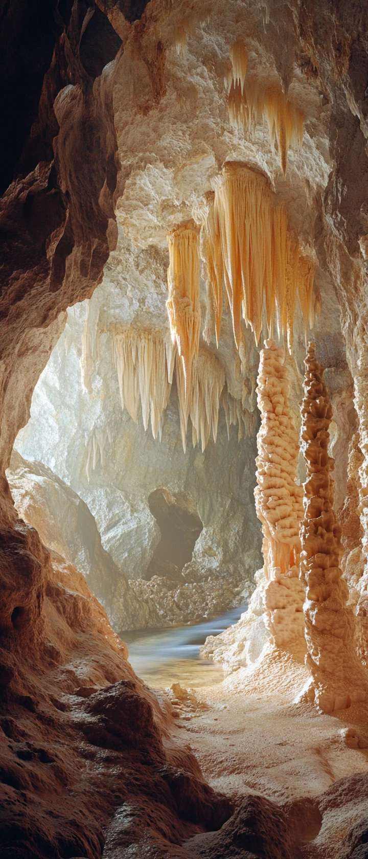 Ancient stalactites glowing softly inside a vast cave
