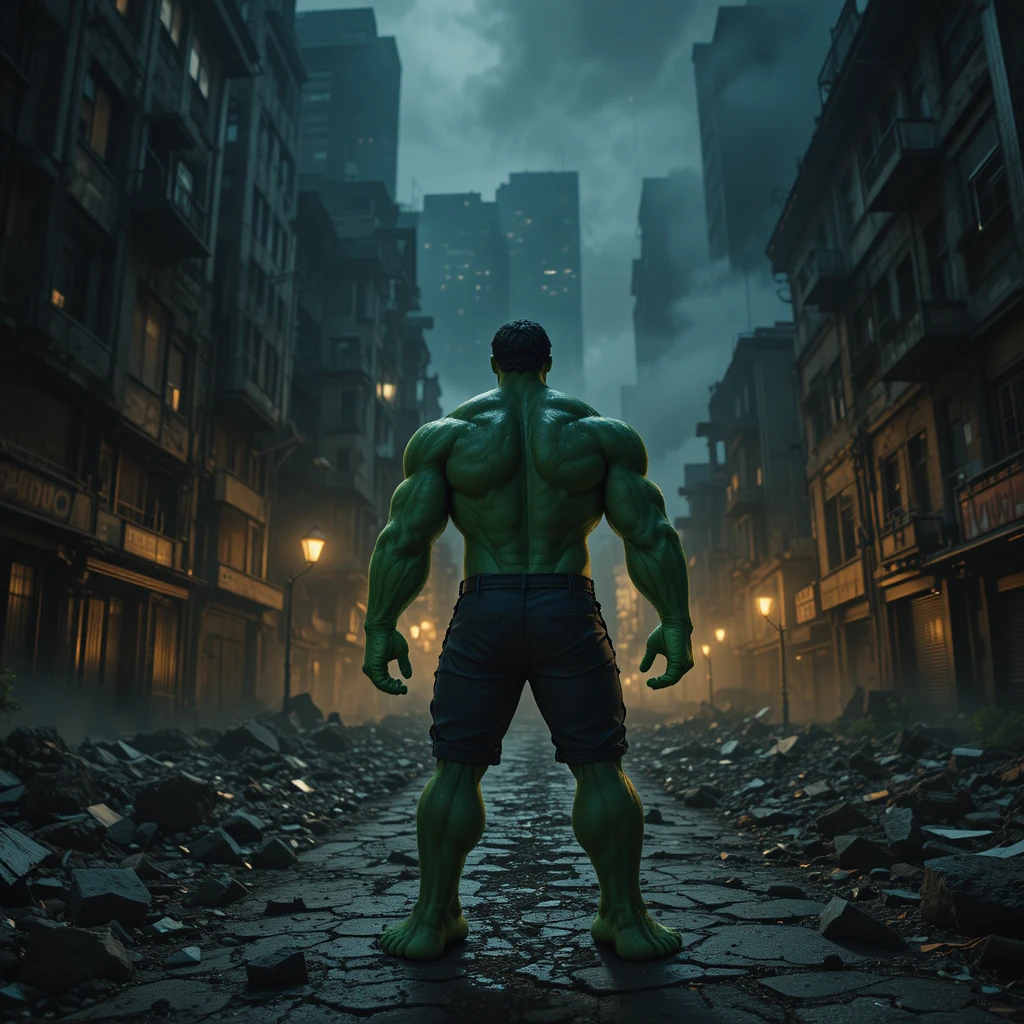 Super-herói verde em uma cidade em ruínas à noite
