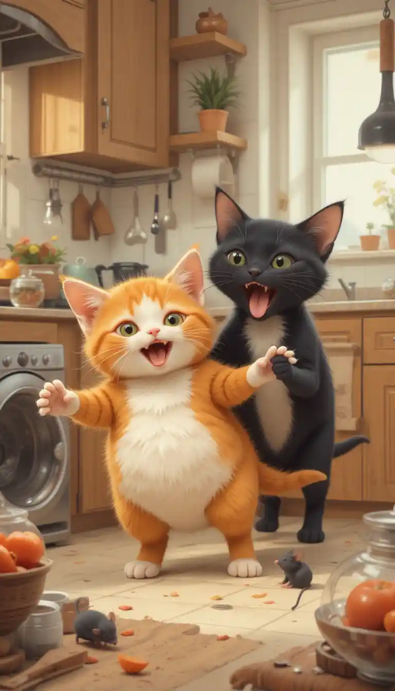 Juguetones gatitos naranja y negro explorando una acogedora cocina