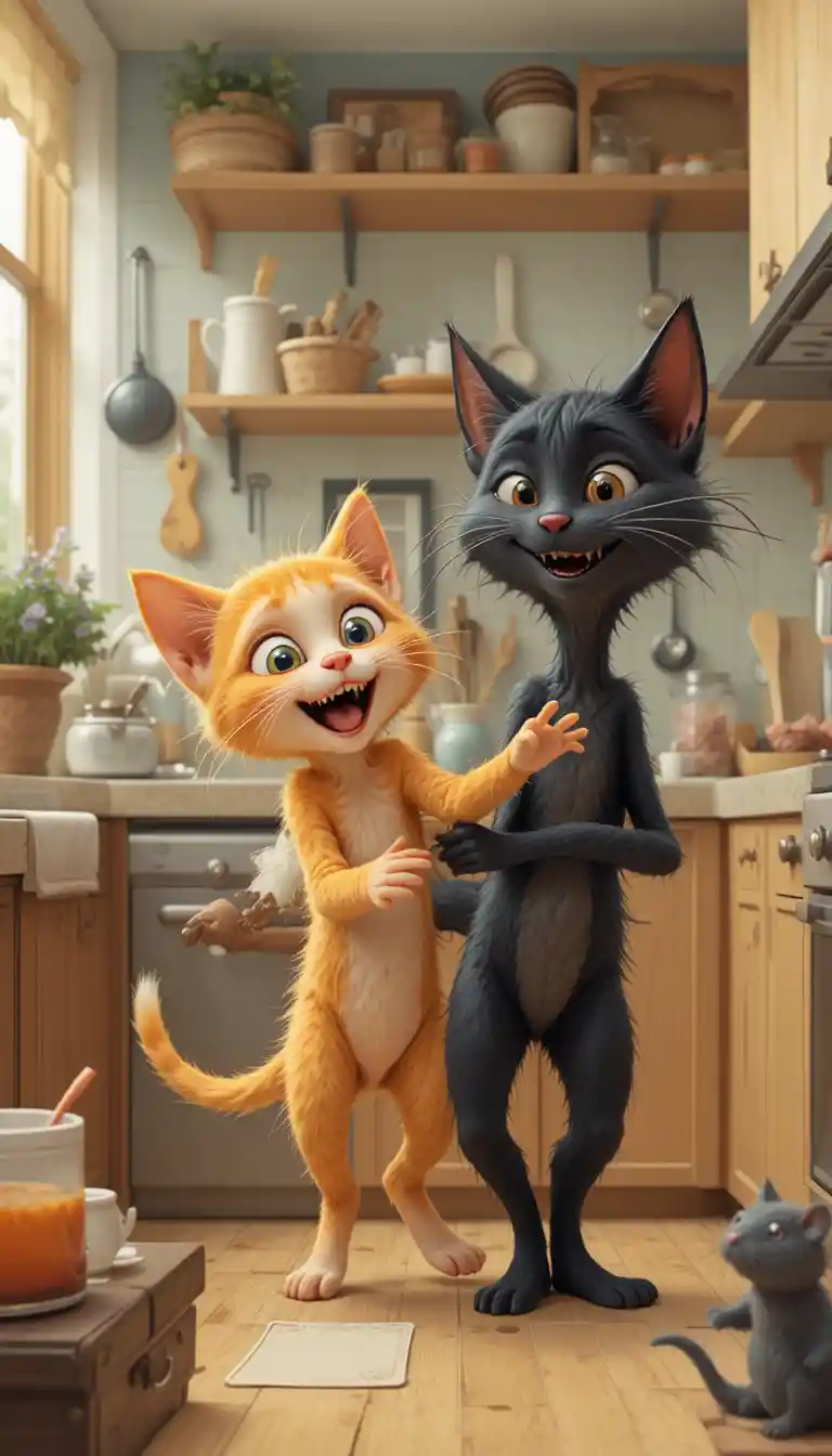 Gattina arancione giocherellona che insegue il fratello in una calda cucina
