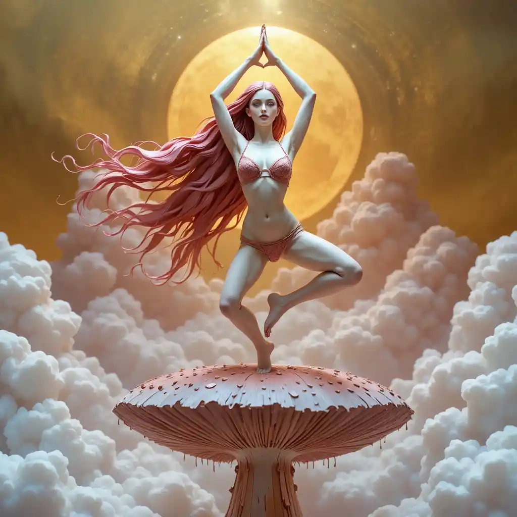 Girl statue doing yoga on a psychedelic floating mushroom