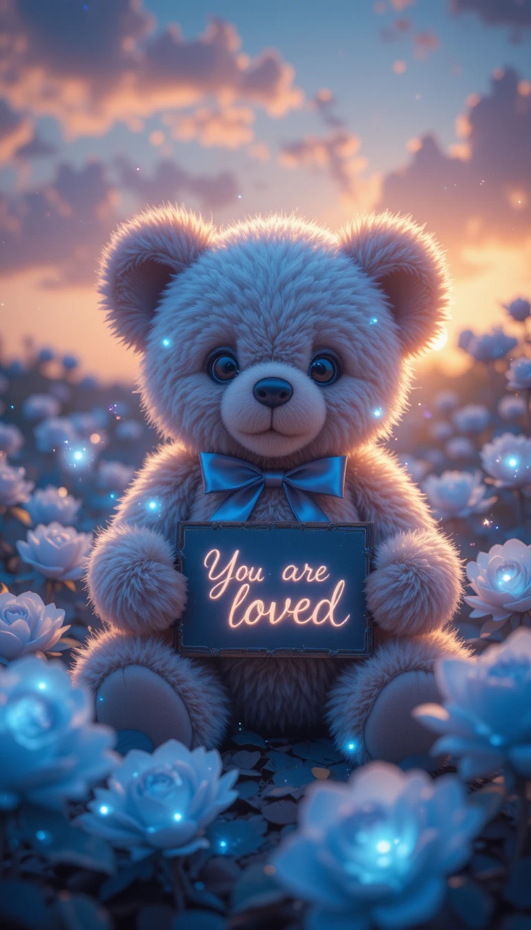 Urso de Pelúcia Etéreo em Jardim Fantástico de Rosas Azuis Luminosas