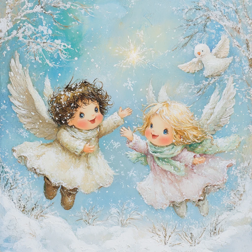 Dos pequeños ángeles alegres jugando en un cielo de invierno