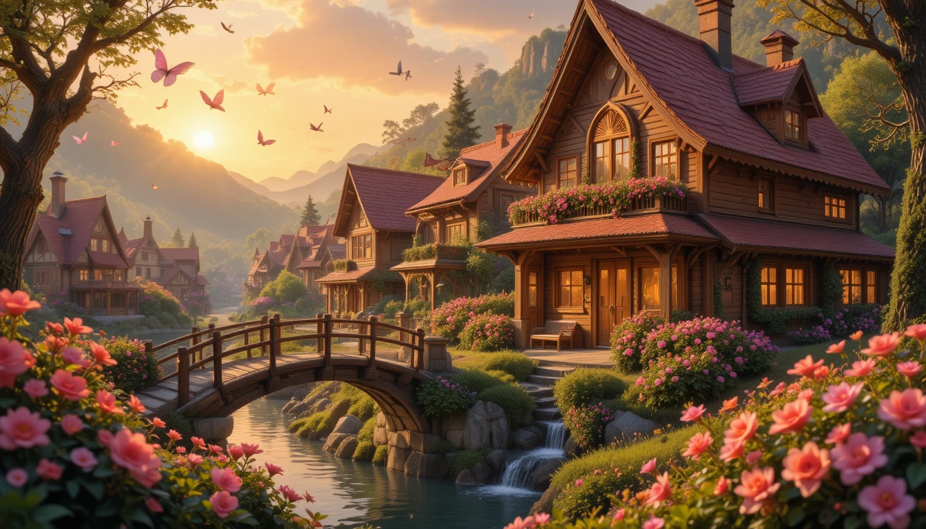 Accogliente villaggio fantasy con casa di legno al tramonto dorato