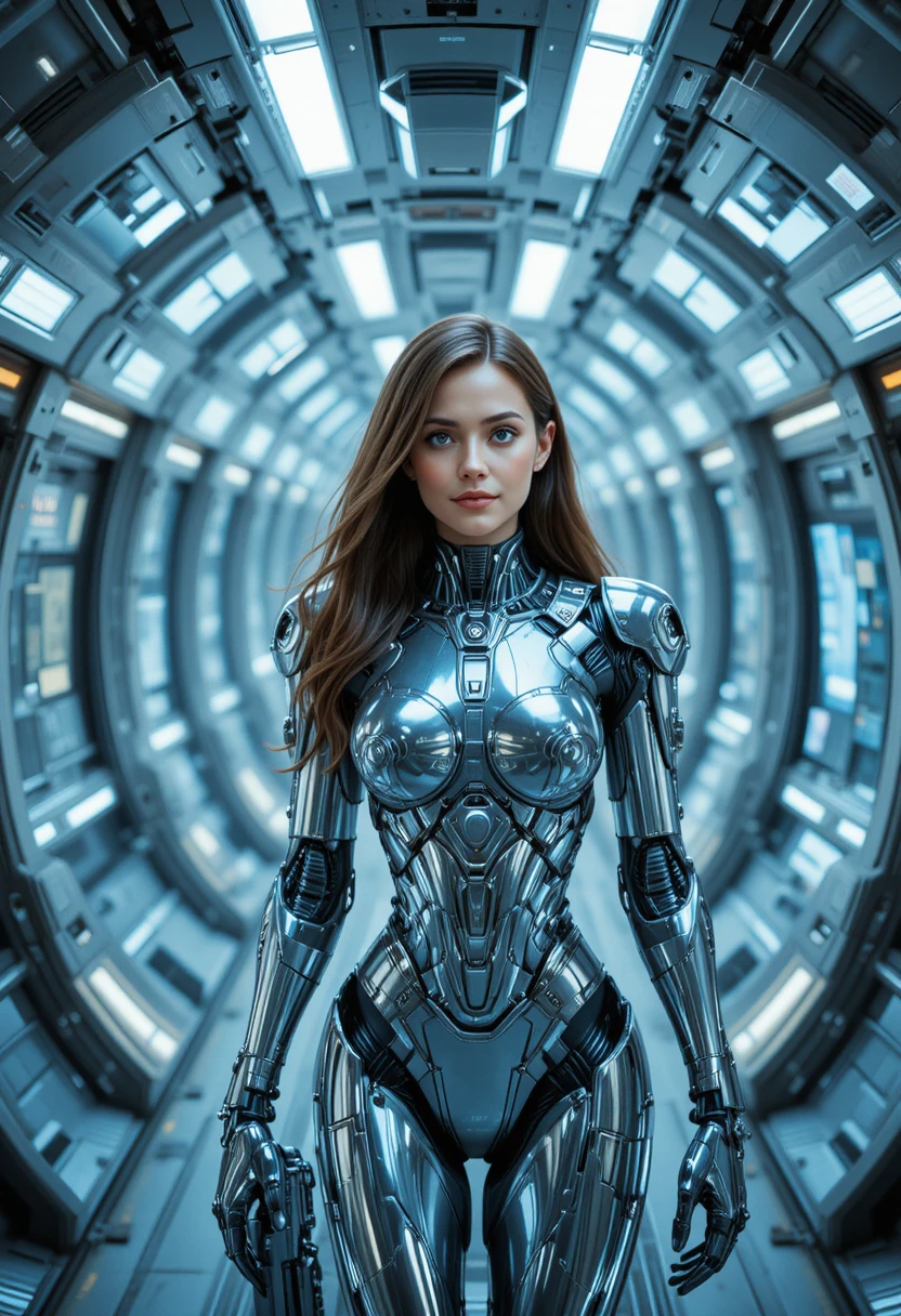 Donna cyborg che cammina in un corridoio cromato di astronave
