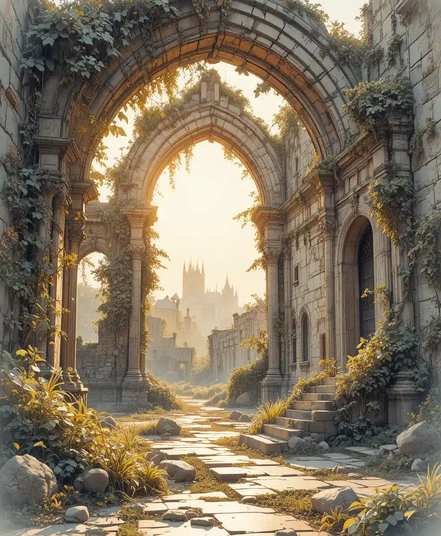 Forgotten palace ruins bathed in golden sunlight and ivy