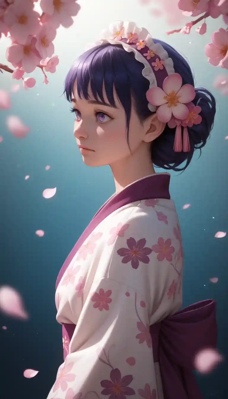 Ragazza anime timida in kimono floreale con petali luminosi