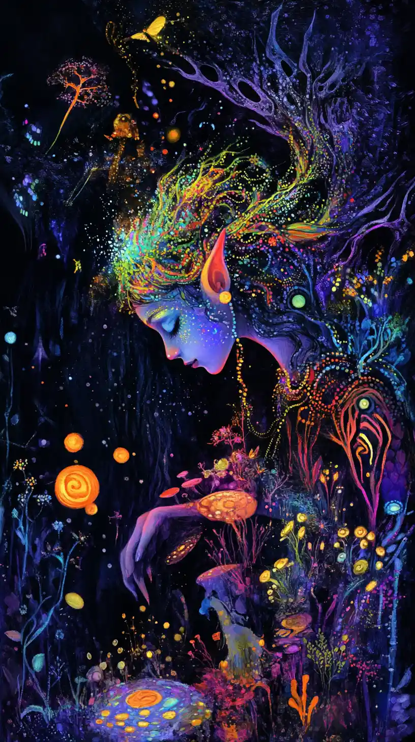 Mystical elf girl glowing under surreal black light