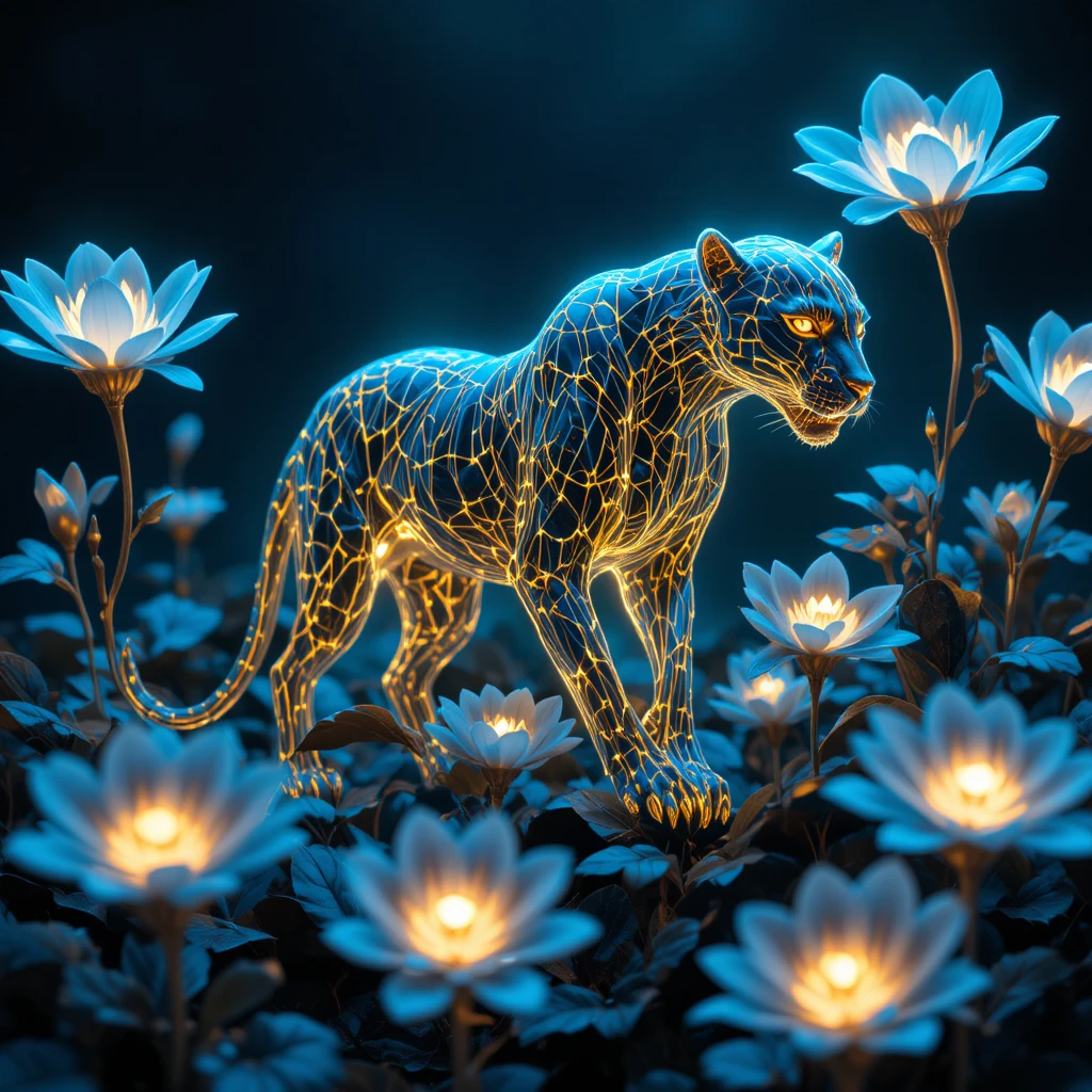 Panthère cybernétique marchant parmi des fleurs futuristes lumineuses