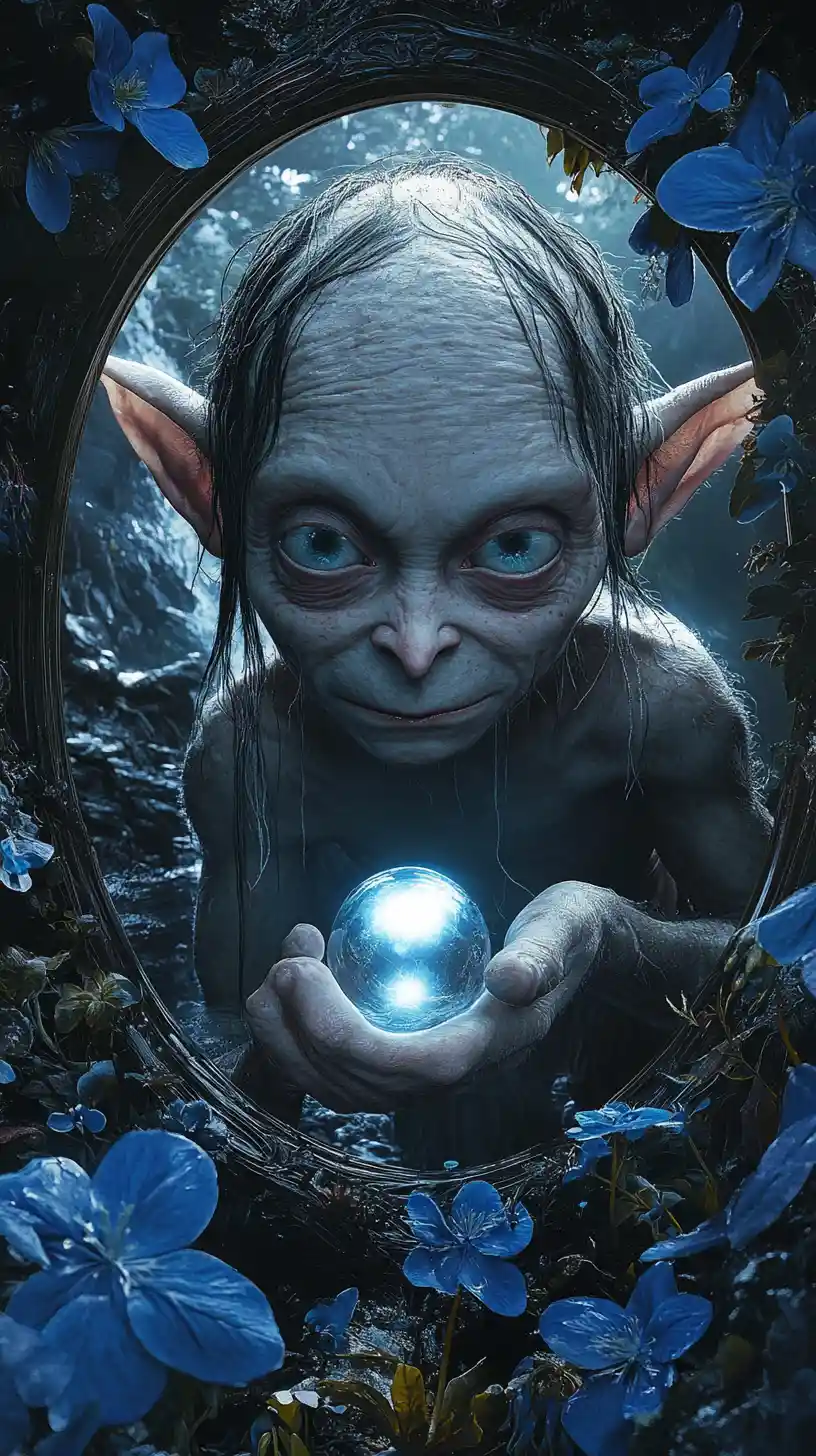 Gollum clutching a glowing ring within a dark blue mirror