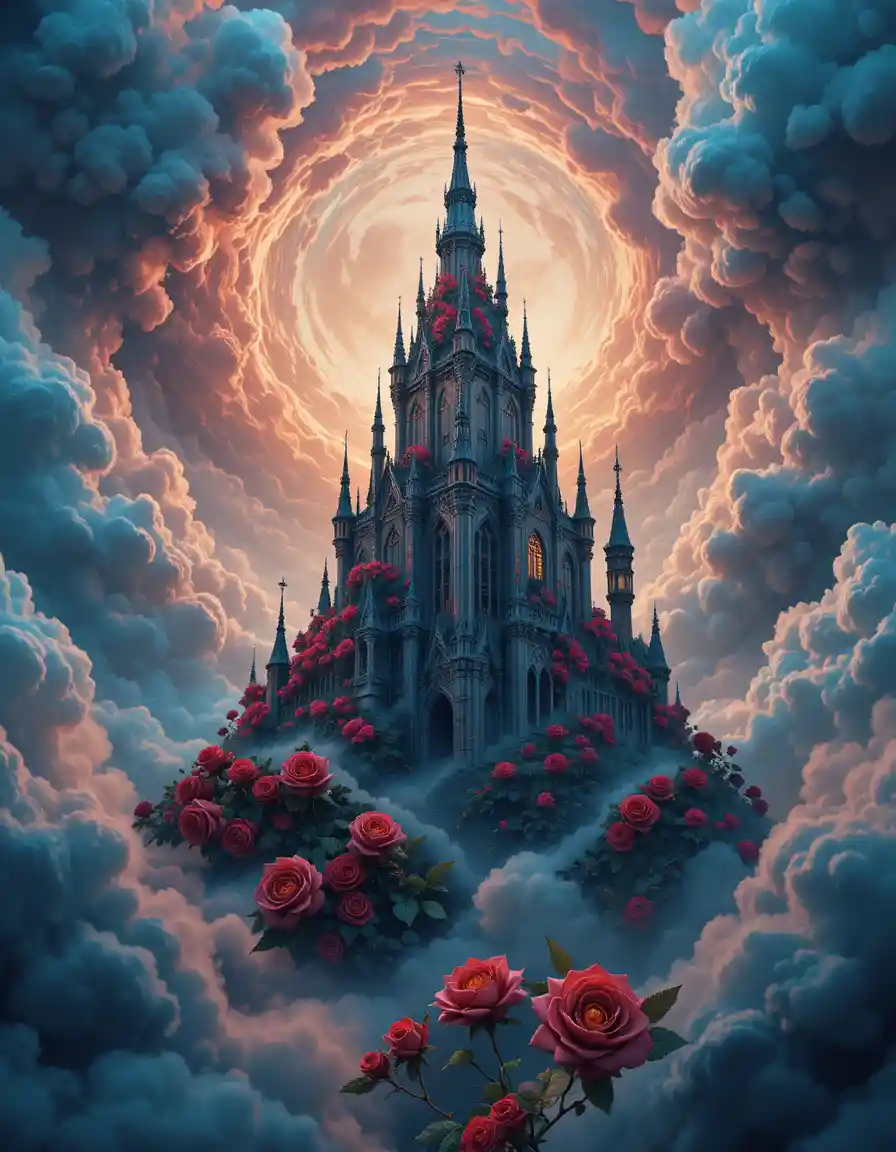 Castillo gótico que se alza entre nubes y rosas vibrantes en espiral