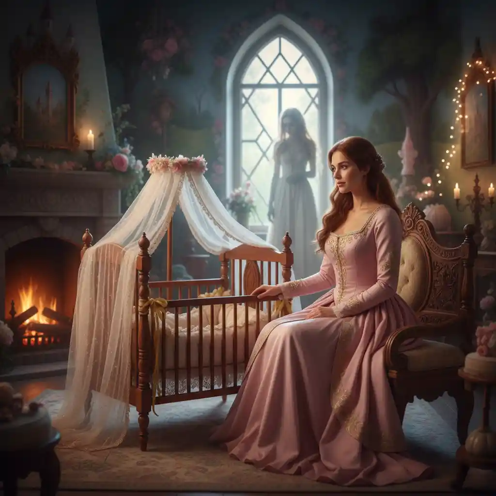 Woman in a fairytale kids room rocking an empty baby crib