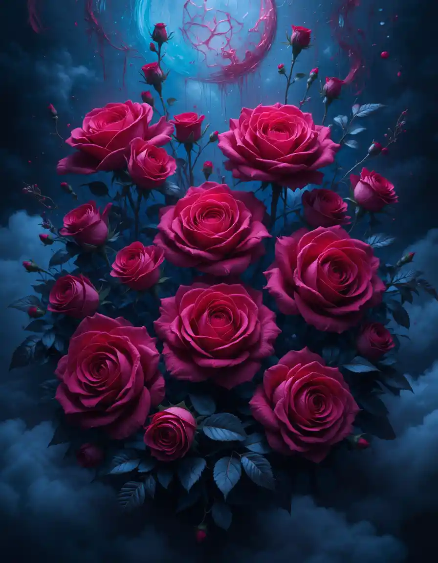 Isometric Gothic Roses In Cerulean And Vermilion Tones