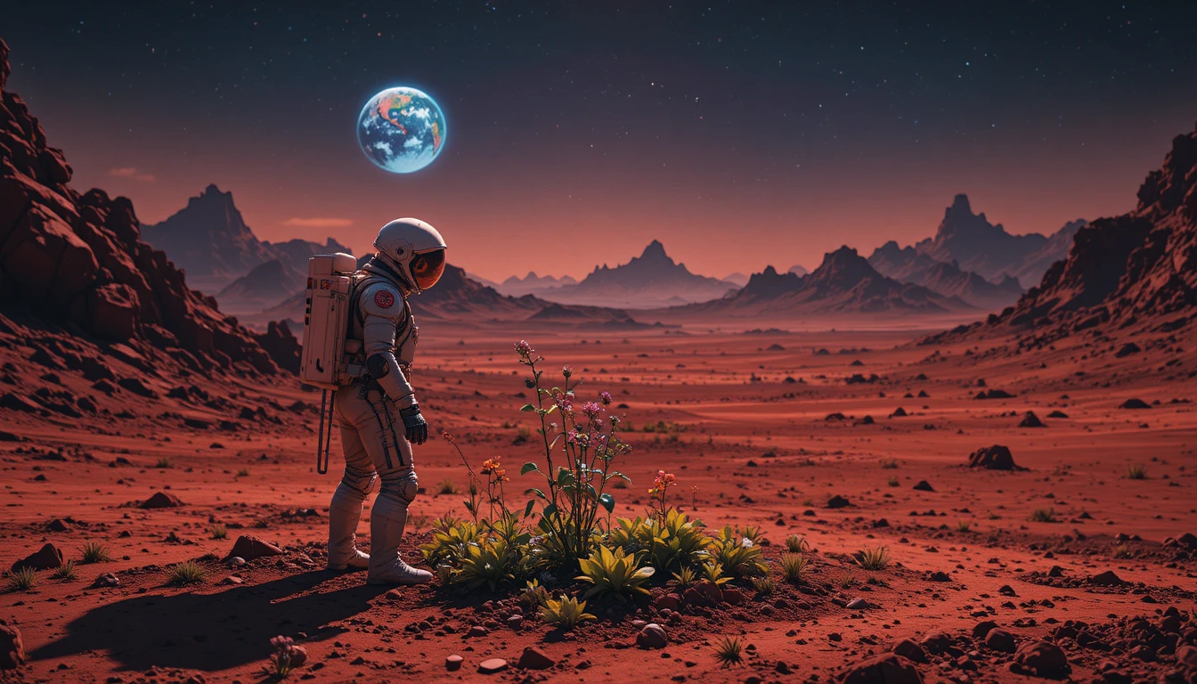 Astronaut, der sich um einen kleinen Garten auf einem fremden Planeten kümmert