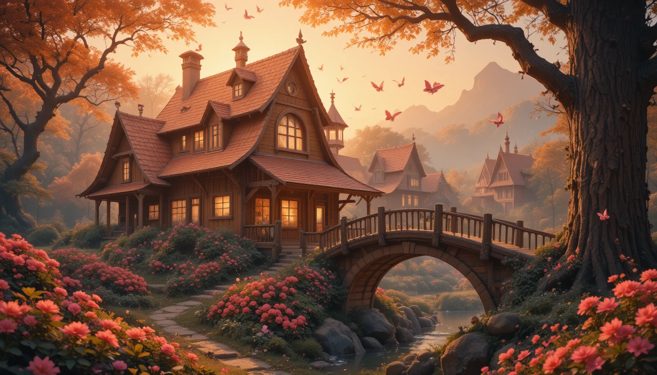 Accogliente casa di villaggio fantasy al caldo tramonto dorato
