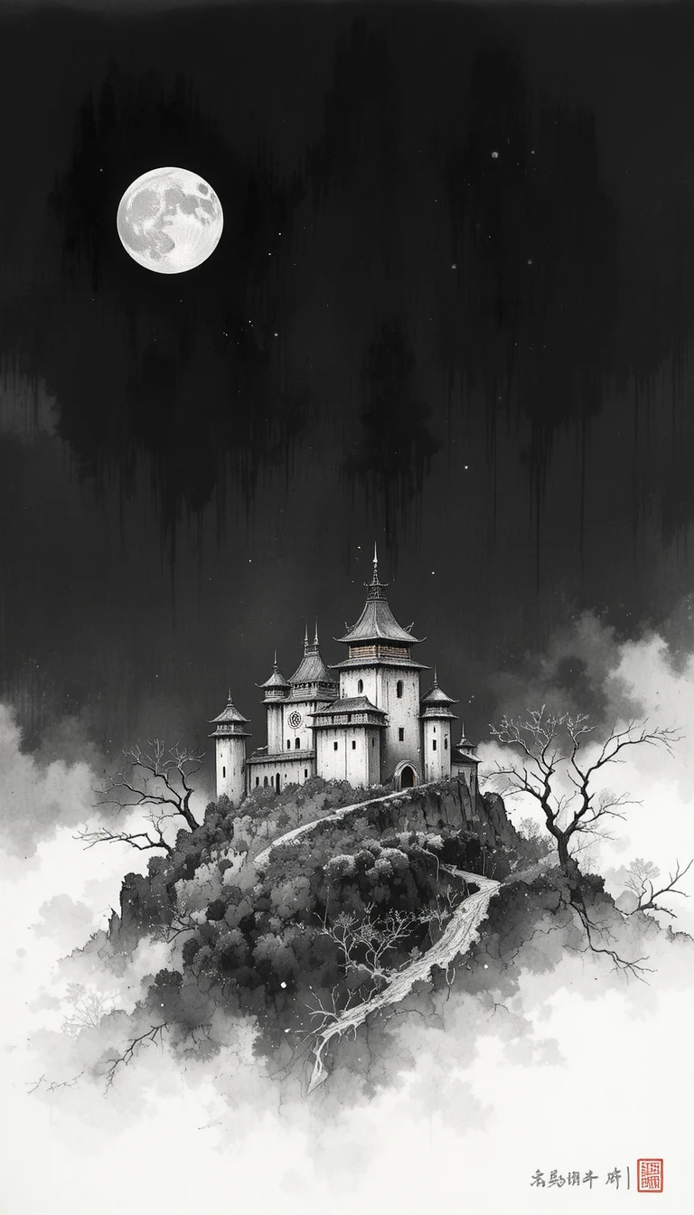 Desenho a tinta de um castelo medieval em uma paisagem noturna minimalista