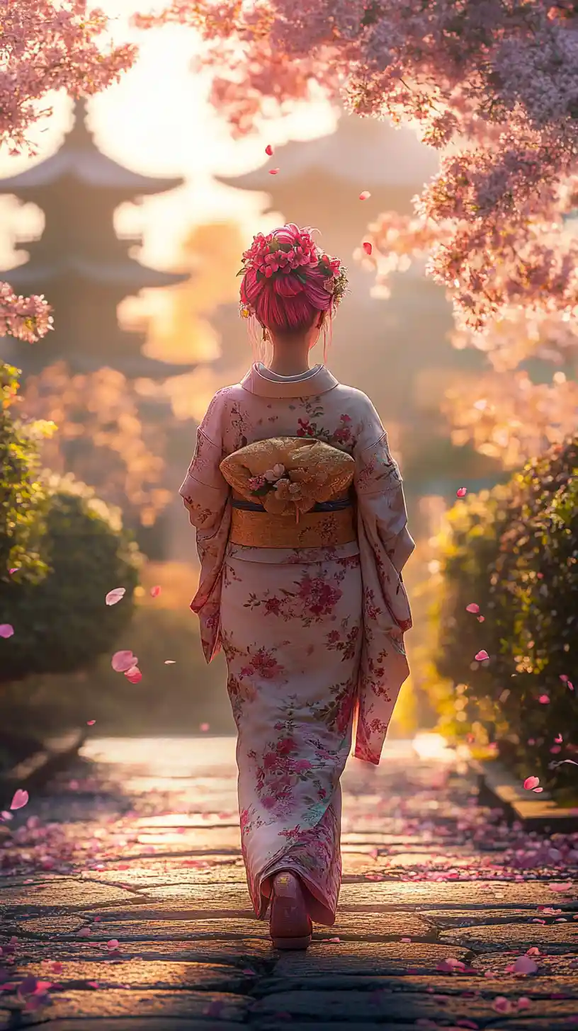 Pink haired girl in kimono walking in japanese garden
