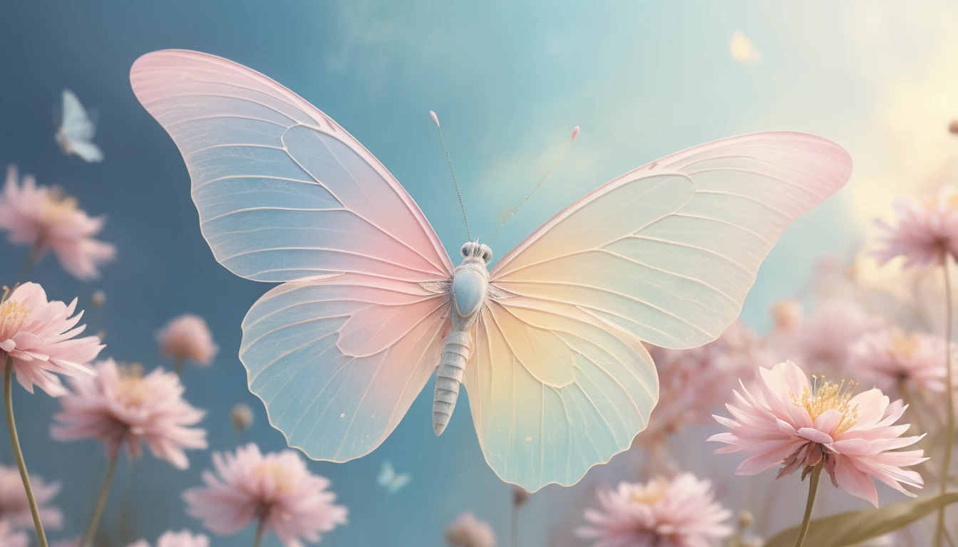 Borboleta etérea em um céu onírico em tons pastéis