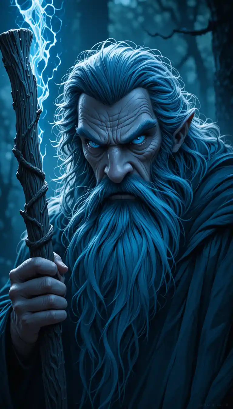 Mago de fantasia sombria canalizando magia em uma floresta enevoada