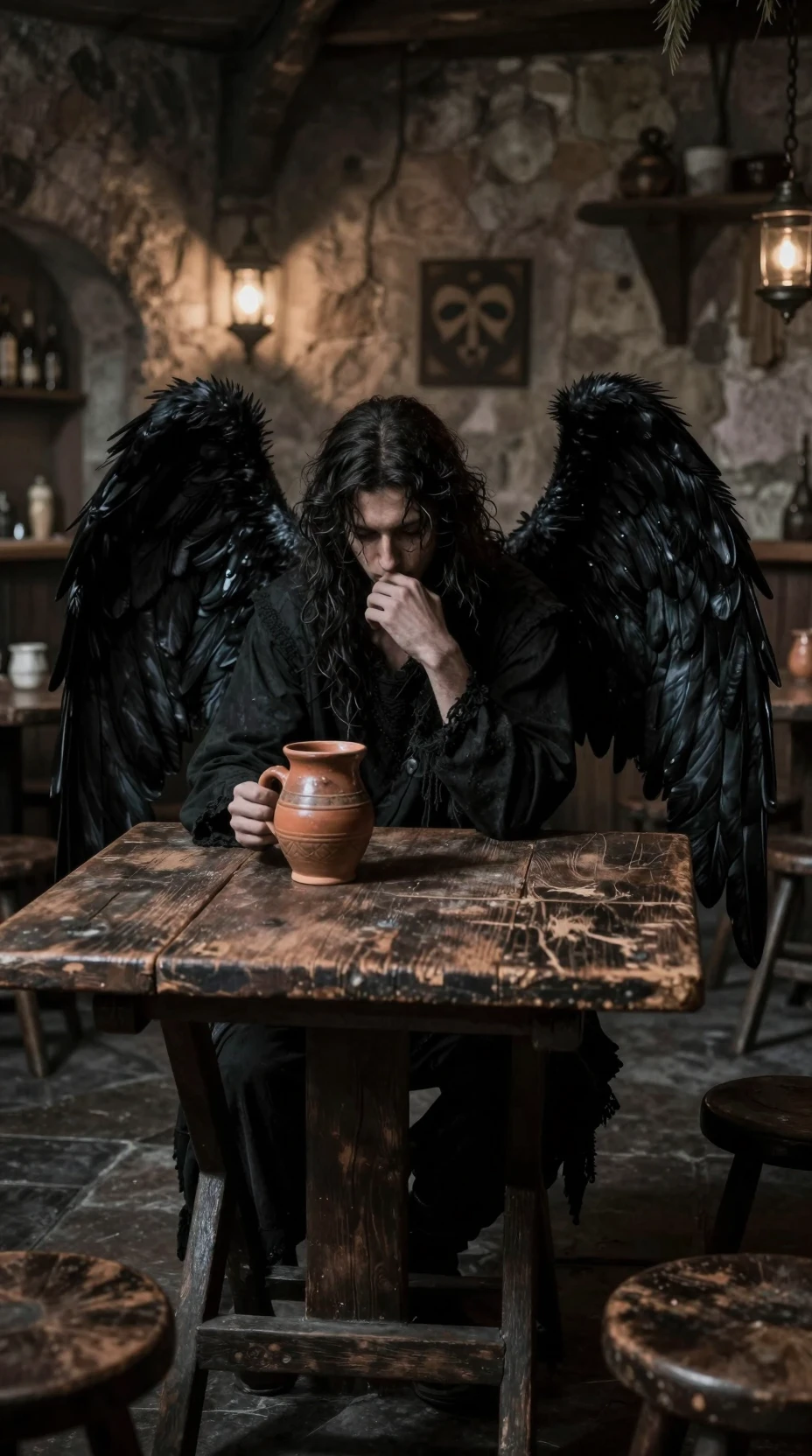 Anjo melancólico com asas escuras em uma taverna medieval