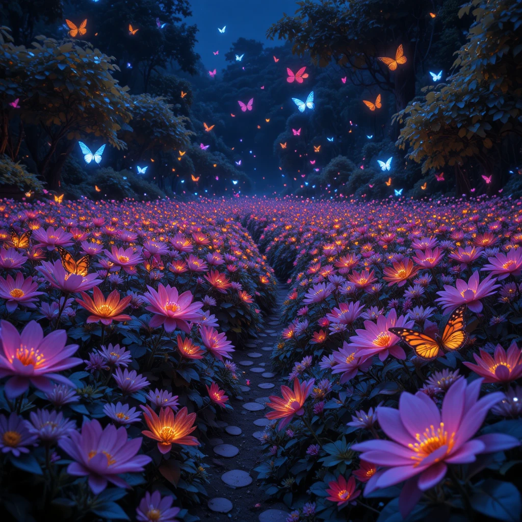 Borboletas de Néon Brilhando Sobre um Campo de Flores Noturno