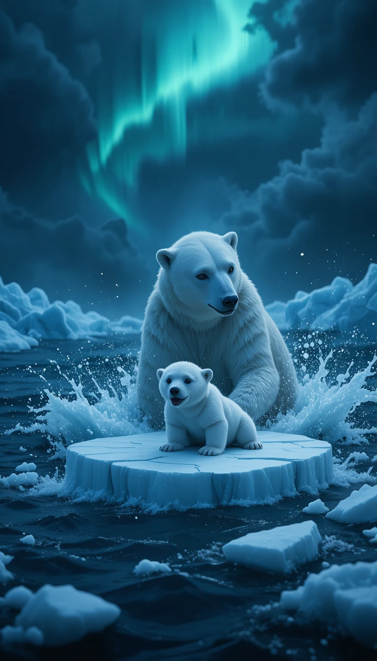 Filhote de urso‑polar deslizando para um bloco de gelo em mar tempestuoso