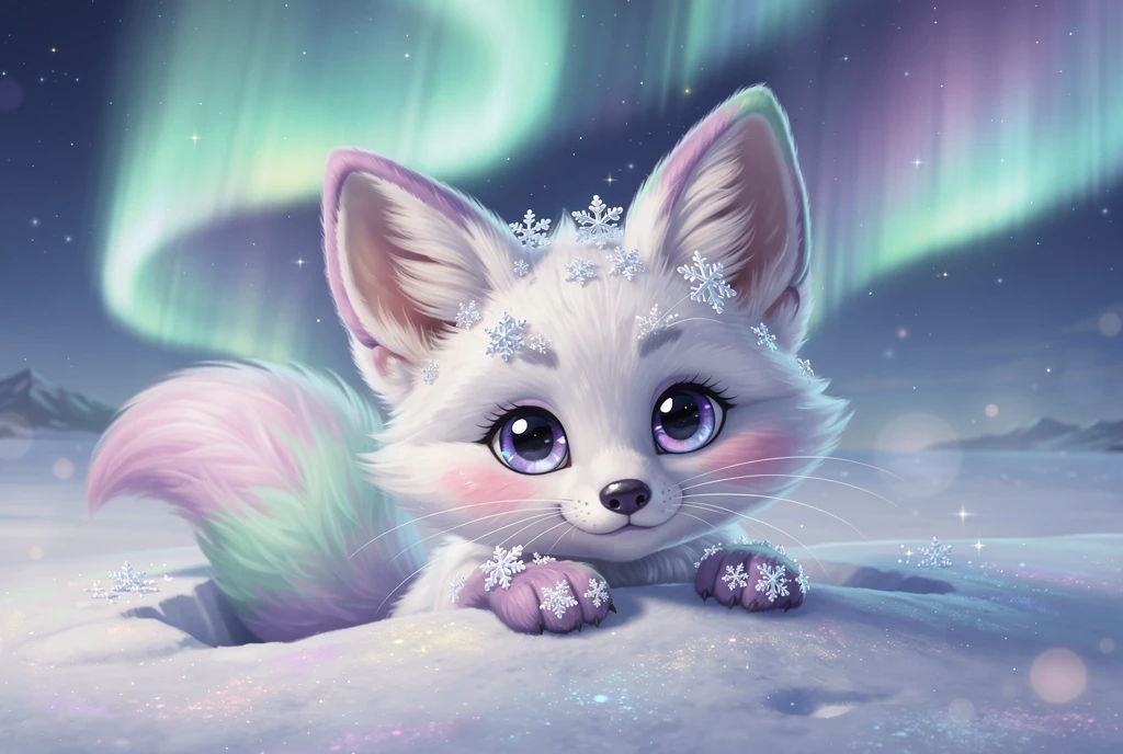 Filhote Fofo de Raposa-do-Ártico na Neve Brilhante sob o Brilho da Aurora