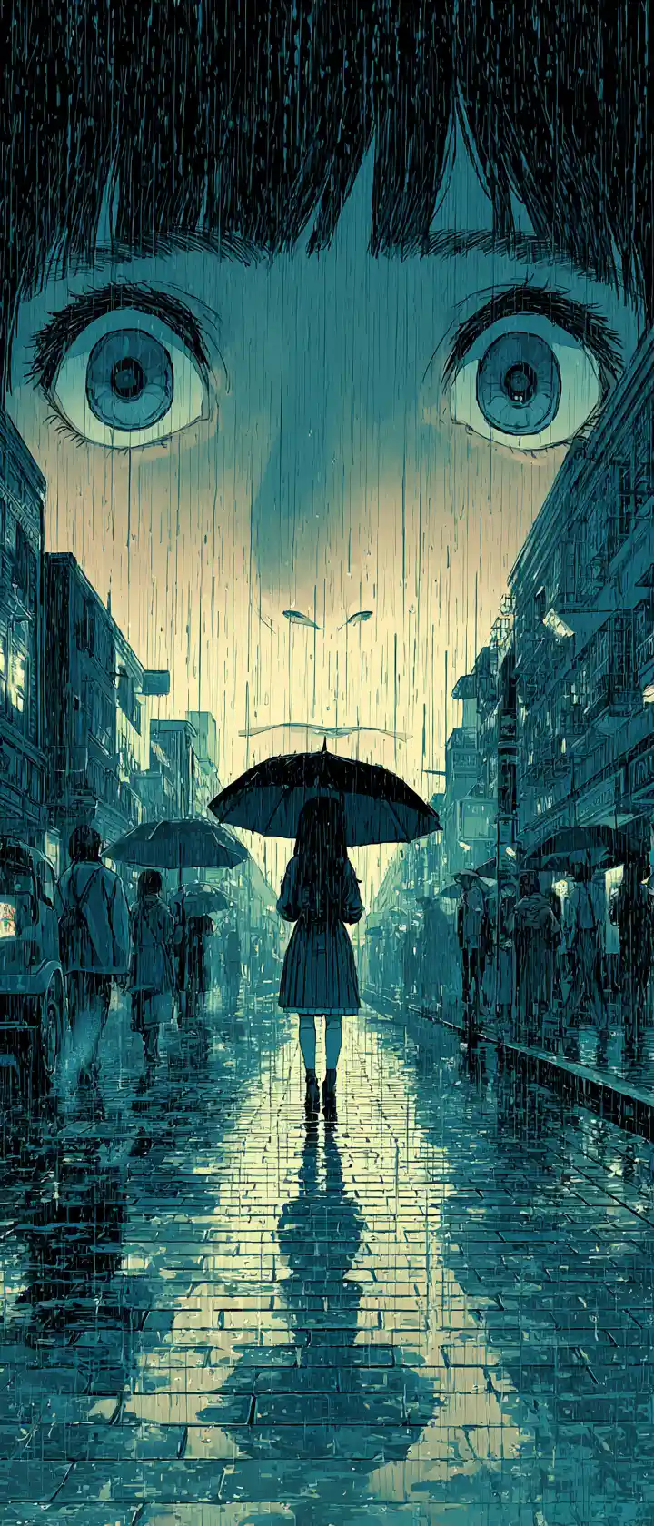 Young girl walking through dystopian city streets in the rain
