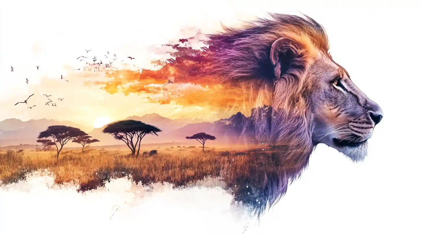 Profil de lion en aquarelle fusionné avec une savane africaine lumineuse