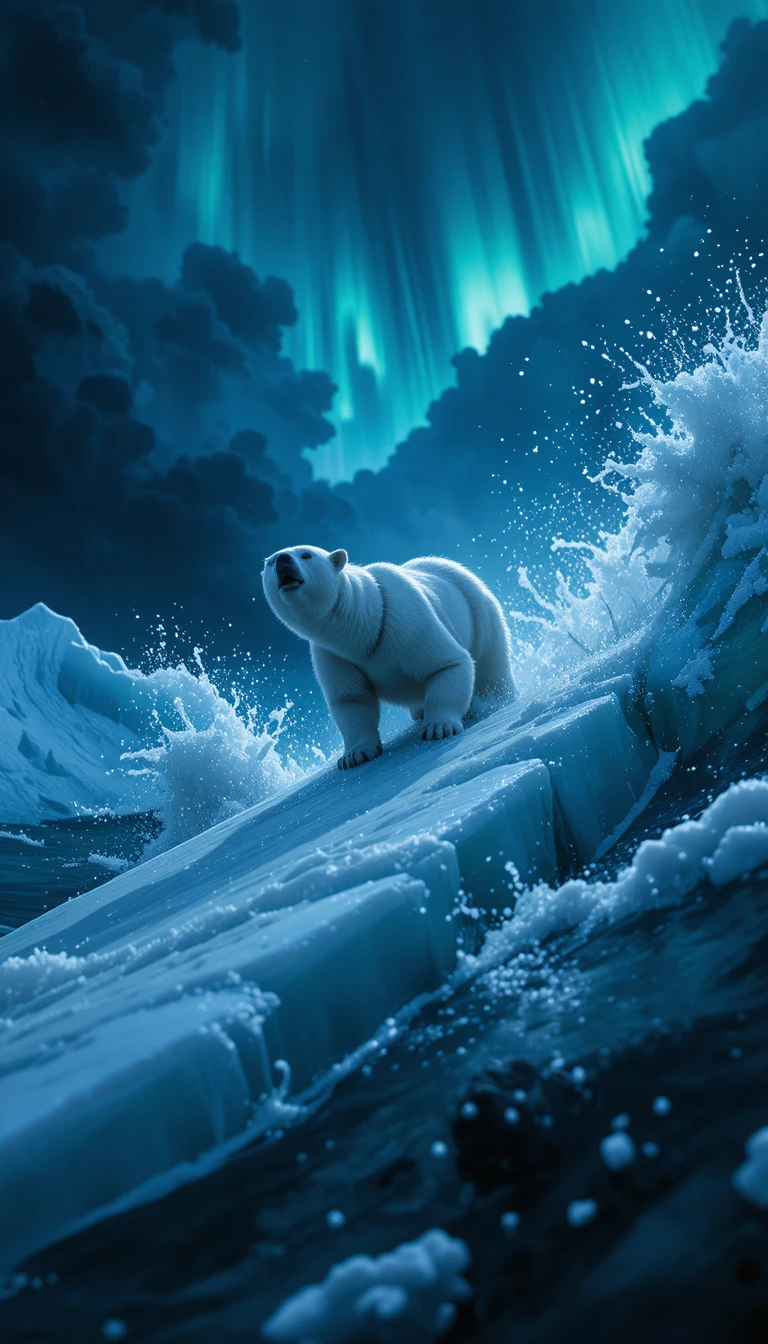 Filhote de urso‑polar deslizando por uma placa de gelo ártica em tempestade