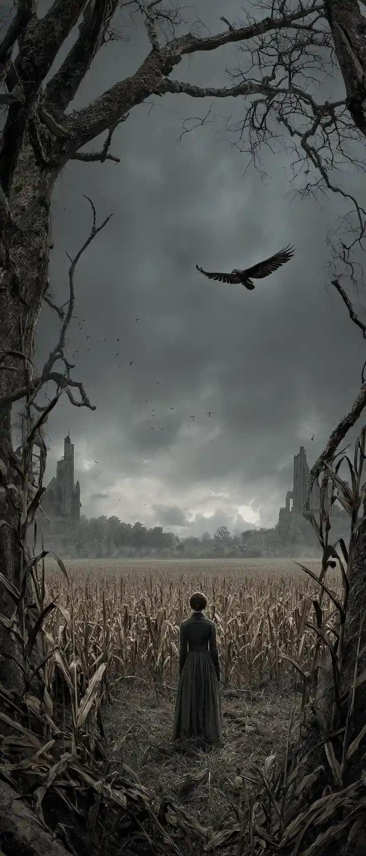 Gothic woman in a ruined cornfield under a stormy sky