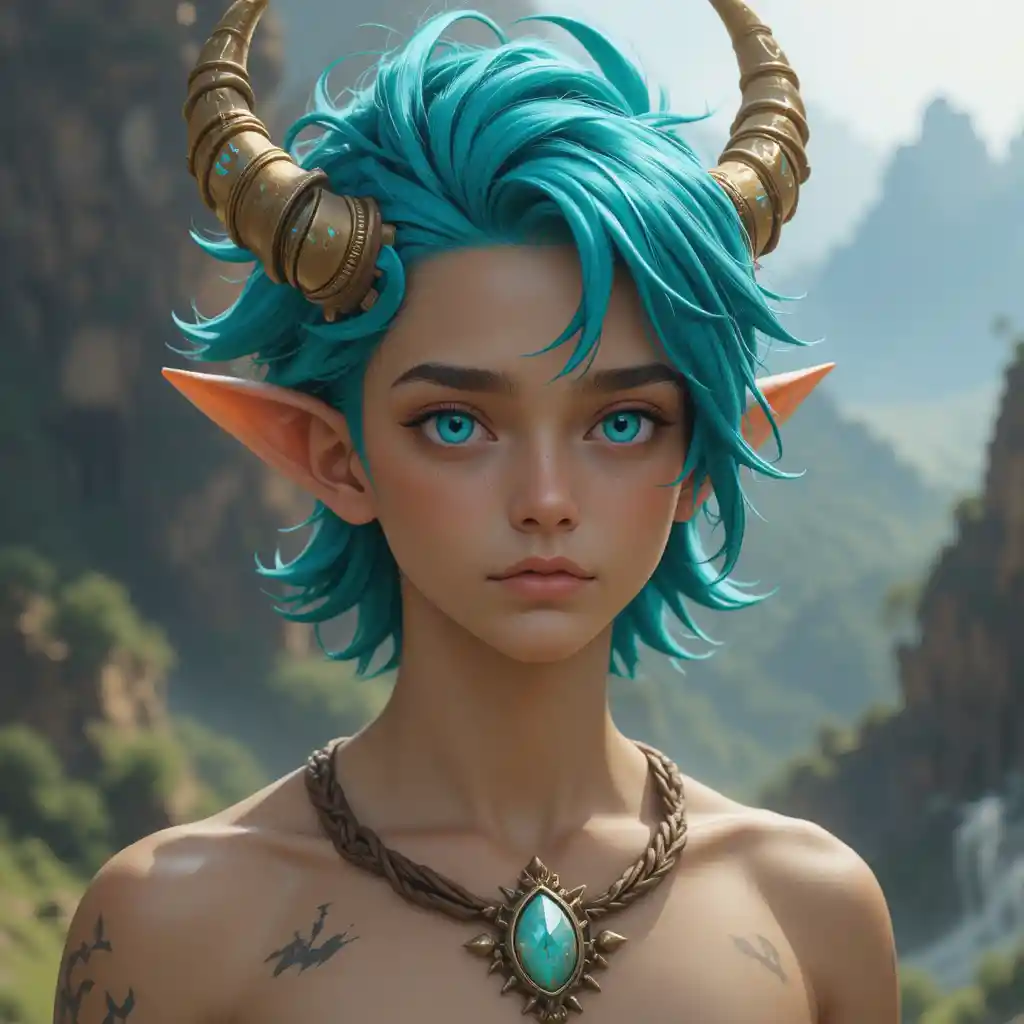 Young turquoise eyed mountain god in a fantasy world