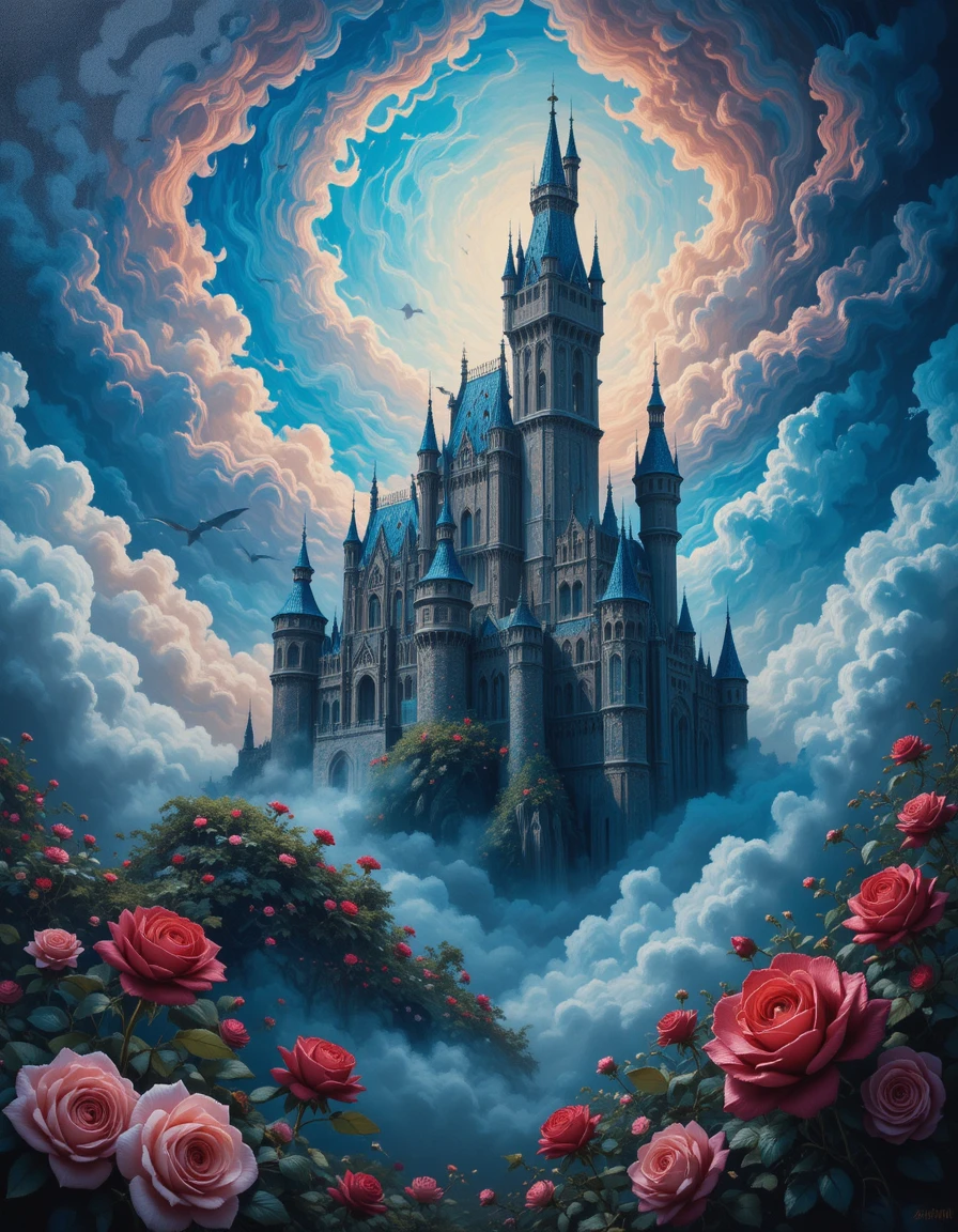 Castelo gótico erguendo-se de nuvens coloridas em redemoinho e rosas