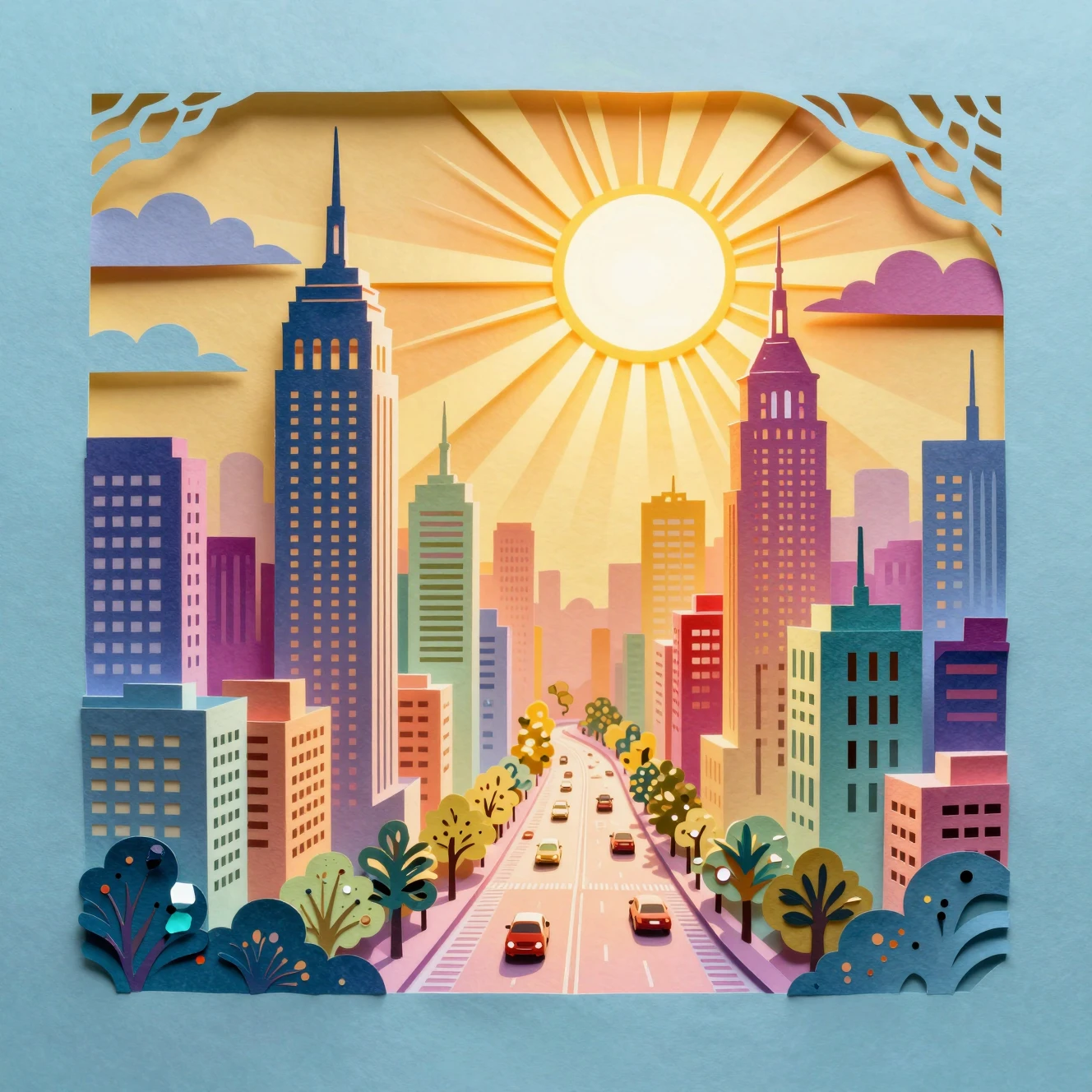 Paysage Urbain Coloré en Papier Découpé sous un Soleil Rayonnant