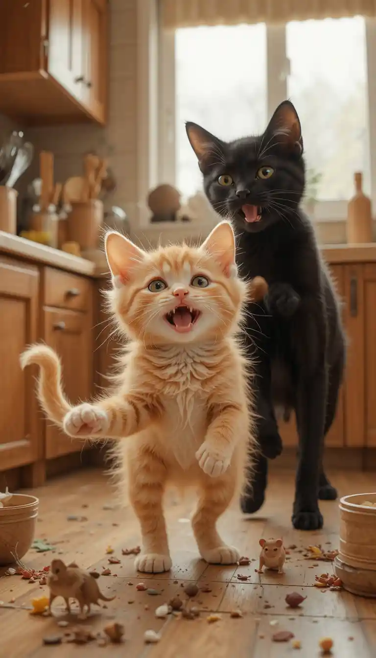 Chatons joueurs poursuivant une souris en jouet dans une cuisine confortable