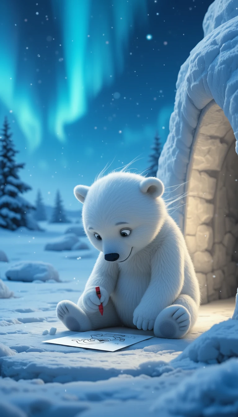 Filhote de urso polar desenhando o Papai Noel do lado de fora de uma toca nevada