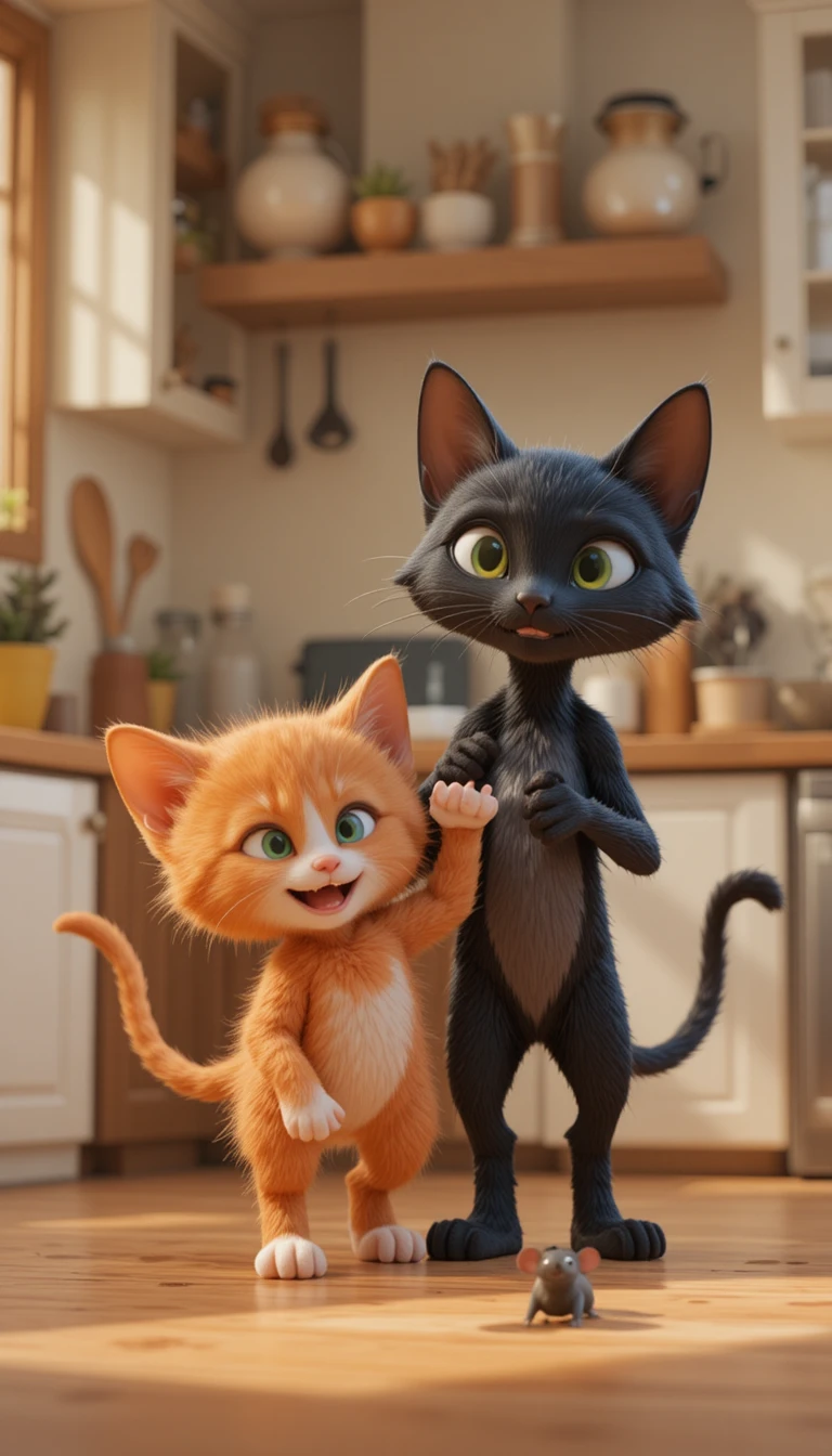 Chatons joueurs poursuivant une souris en jouet dans une cuisine chaleureuse