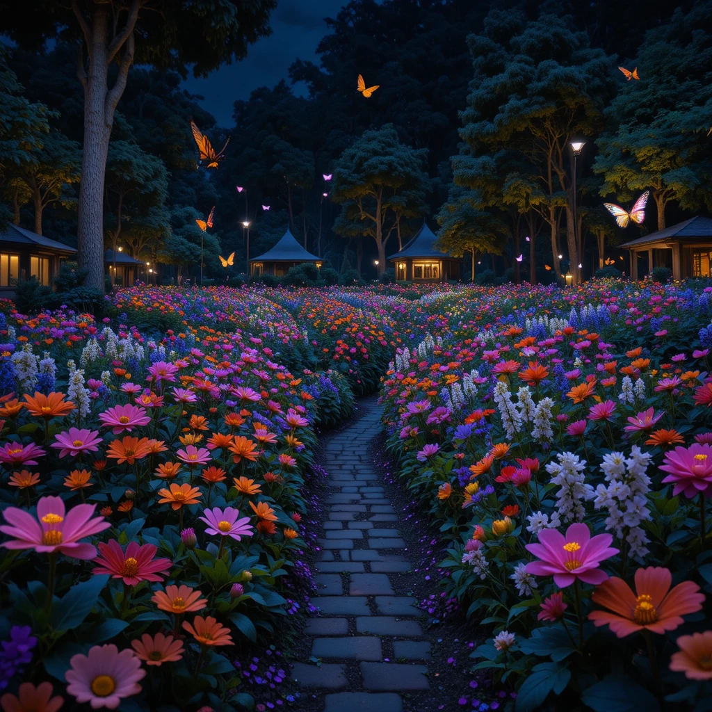 夜にネオンの蝶が輝く果てしない花畑