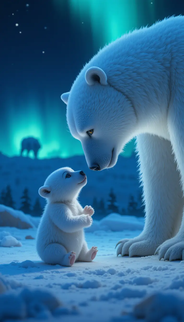 Baby polar bear listening closely to its glowing mother