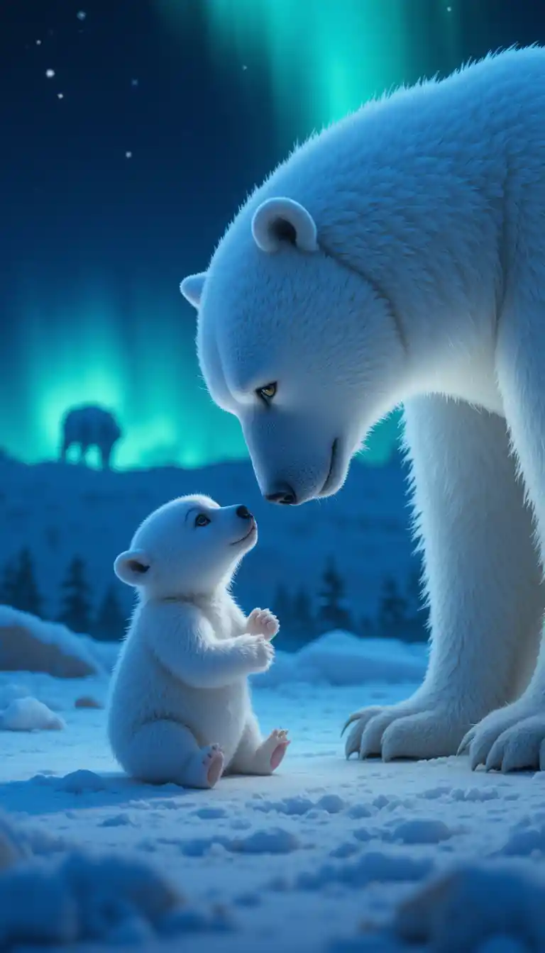 Filhote de urso‑polar ouvindo atentamente sua mãe brilhante