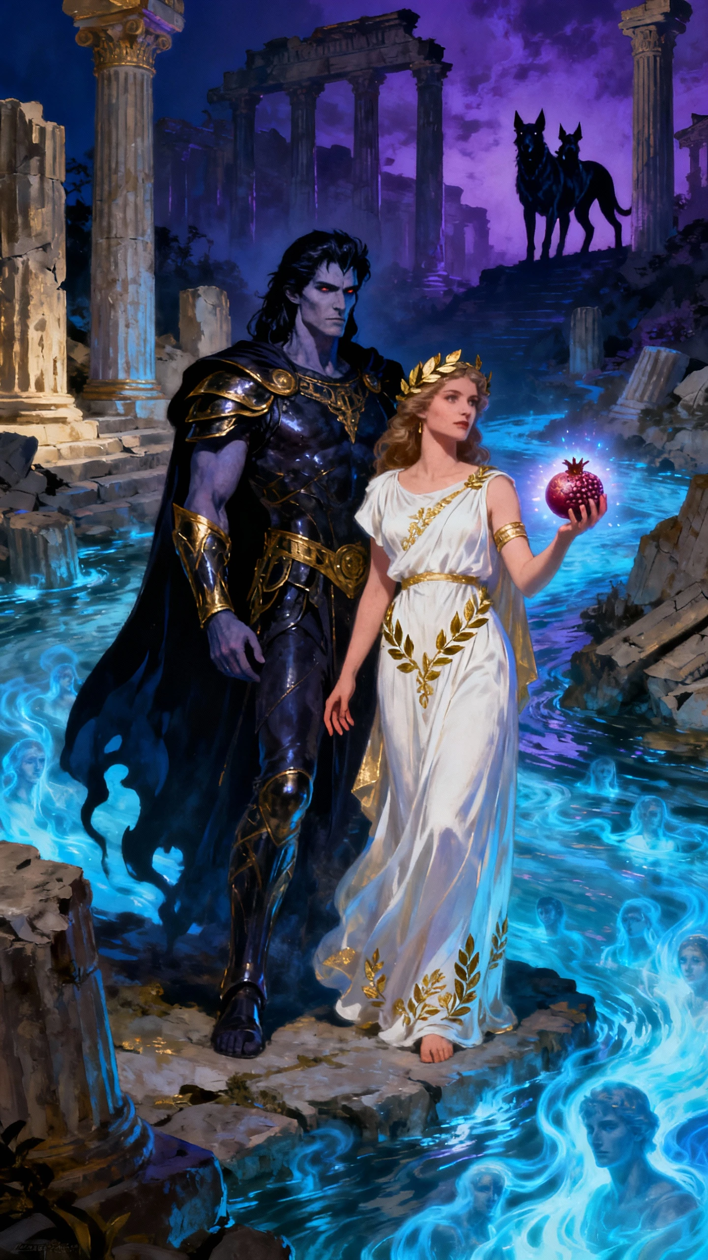 Hades e Perséfone em cena fantástica régia no submundo