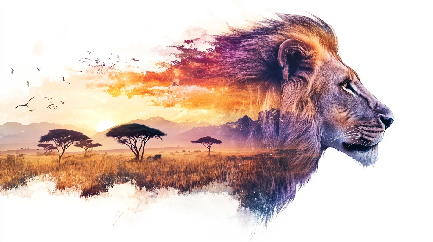 Perfil de león en acuarela fusionado con sabana africana luminosa