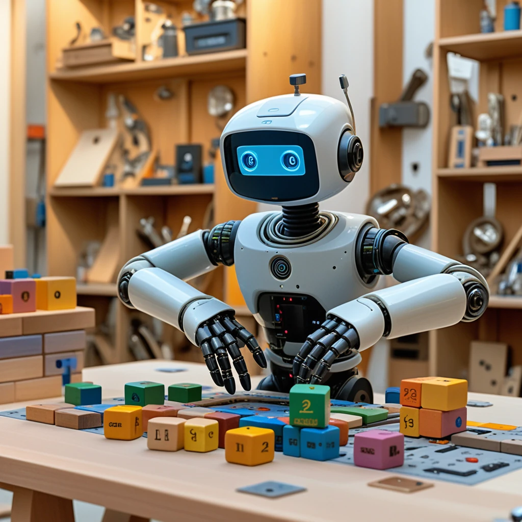 Robot di servizio che sistema blocchi di legno colorati in un laboratorio