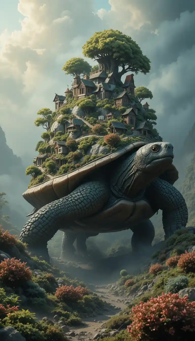 Ancient giant turtle carrying a tiny fantasy world