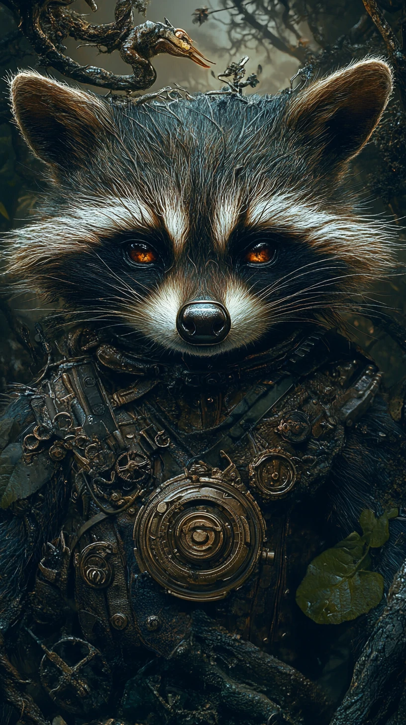 Surreal raccoon figure emerging in a mystical forest night