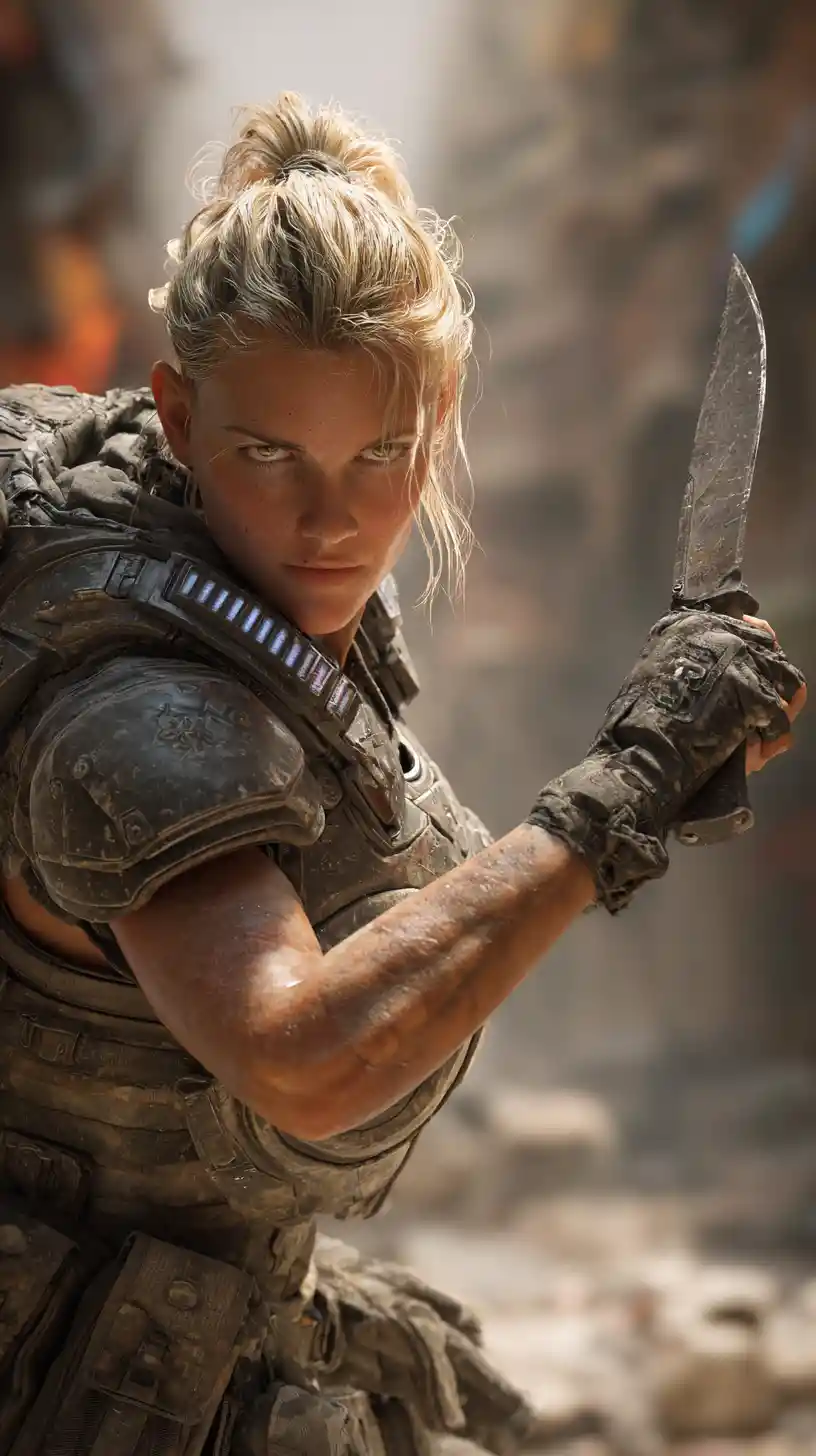 Armed female commando in ruined city with knife ready