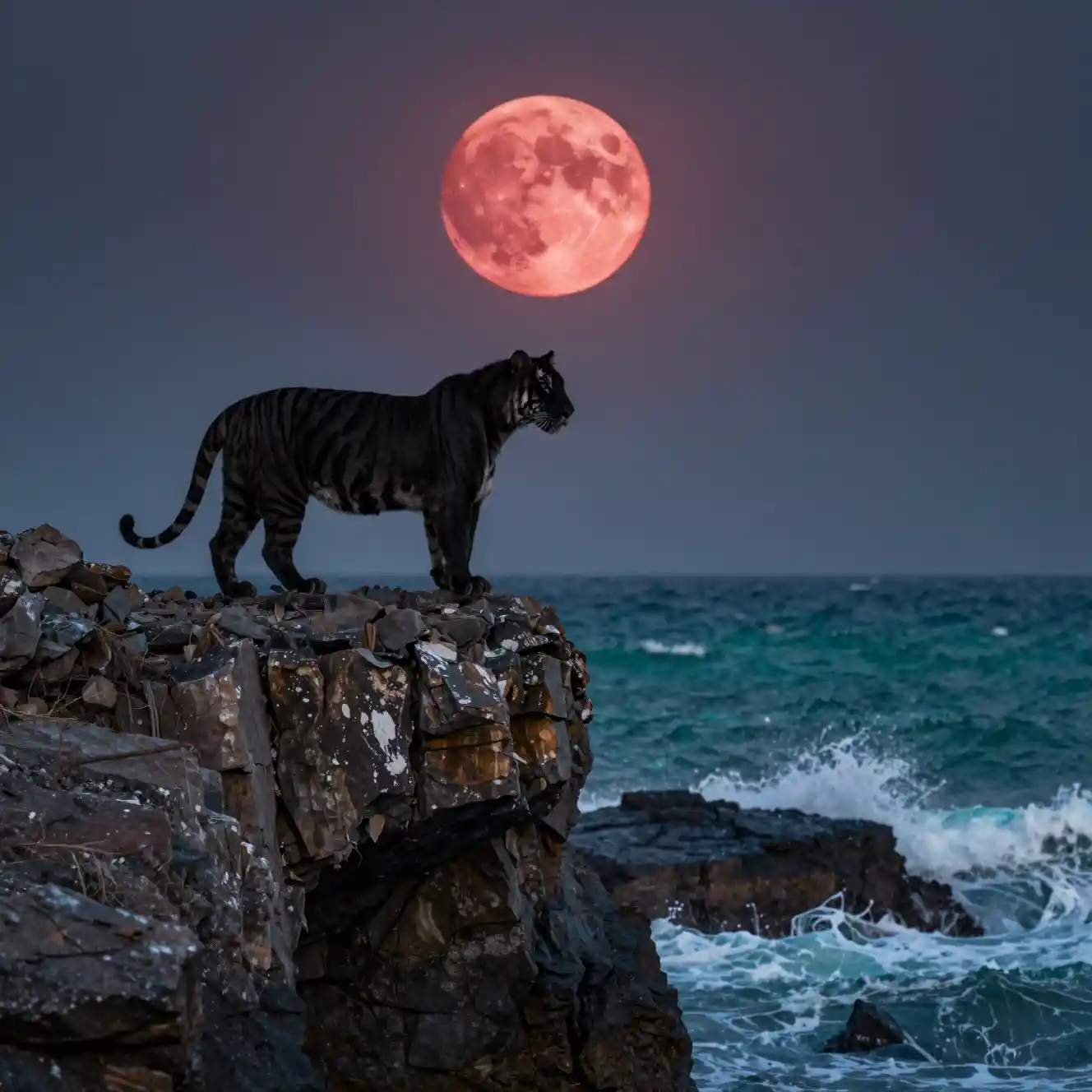 Tigre noir sur une falaise au clair de lune au-dessus des vagues déchaînées