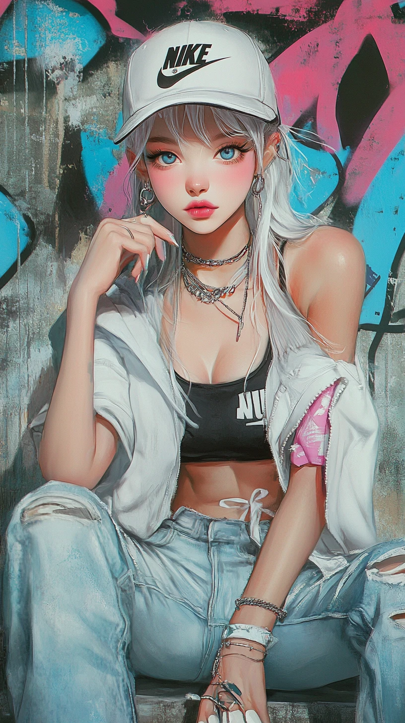 Anime girl in white outfit against colorful graffiti wall